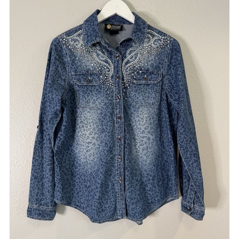Christine Alexander Leopard Denim Rhinestone Western Shirt Cotton Y2K Bling S